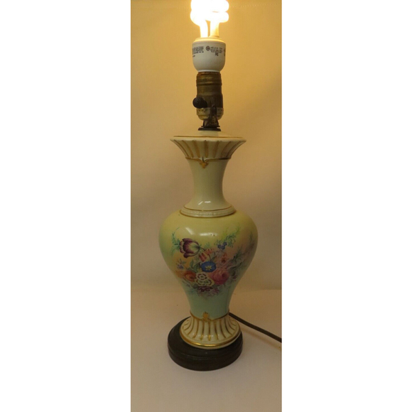 Mid Century Vtg Hand Painted Floral Gold Porcelain Urn Table Lamp 16" Electric - Picture 4 of 11